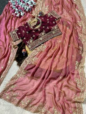 Pink Color embroidery work with  Sequence Butti Satin Saree 3