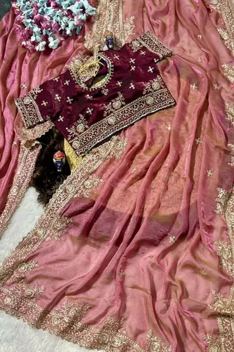 Pink Color embroidery work with  Sequence Butti Satin Saree