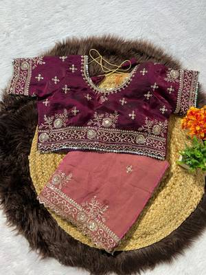 Pink Color embroidery work with  Sequence Butti Satin Saree 1