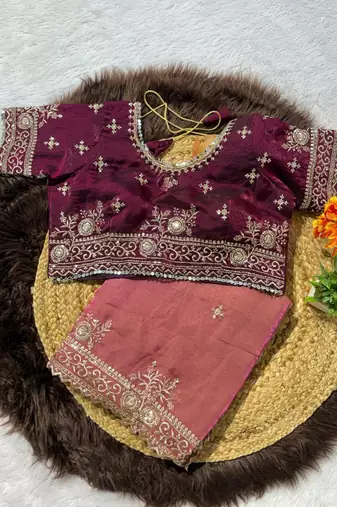 Pink Color embroidery work with  Sequence Butti Satin Saree