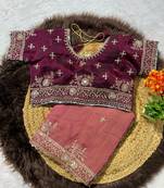 Pink Color embroidery work with  Sequence Butti Satin Saree