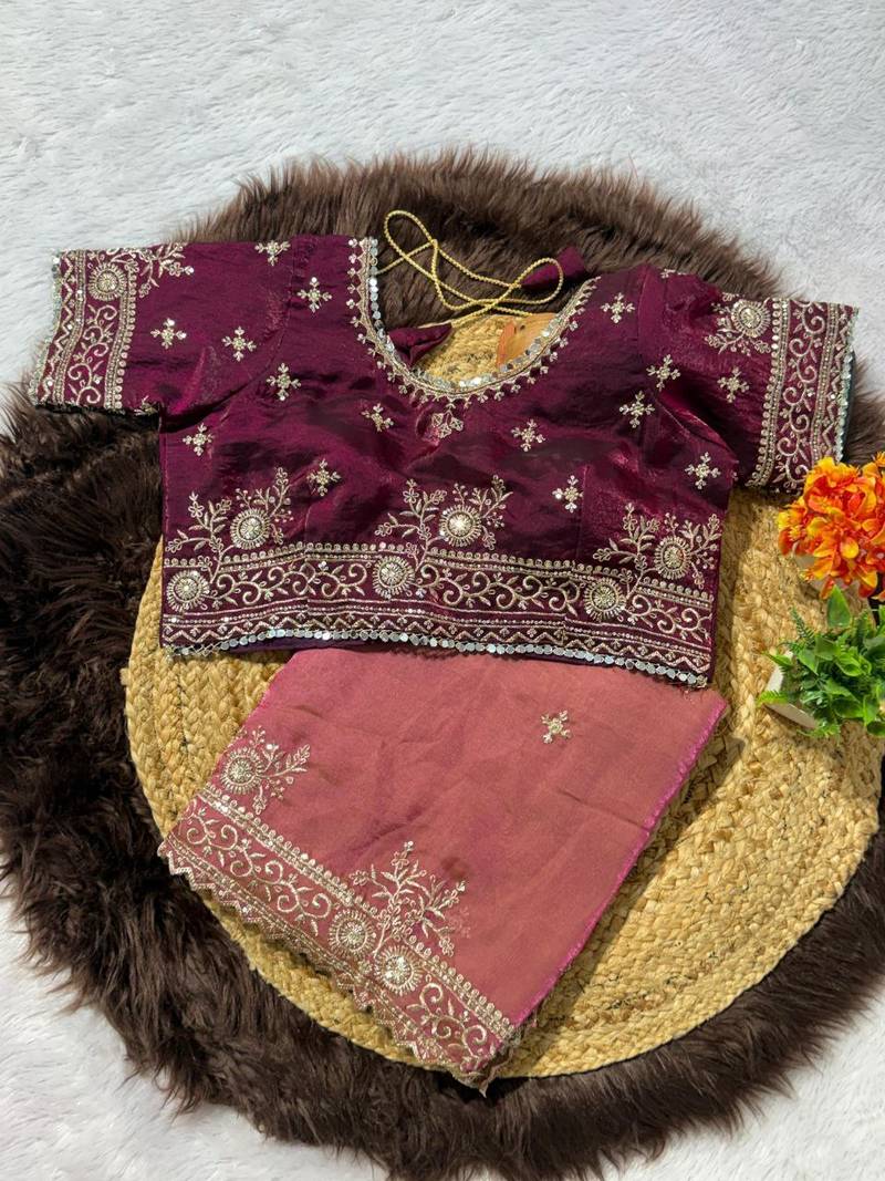 Pink Color embroidery work with  Sequence Butti Satin Saree