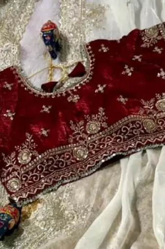 White Color embroidery work with  Sequence Butti Satin Saree
