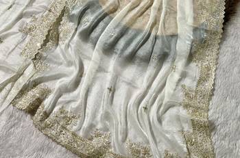 White Color embroidery work with  Sequence Butti Satin Saree 3
