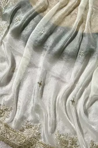 White Color embroidery work with  Sequence Butti Satin Saree