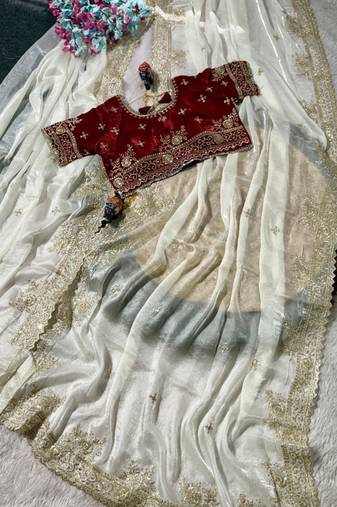 White Color embroidery work with  Sequence Butti Satin Saree