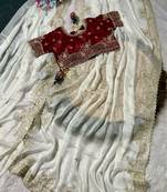 White Color embroidery work with  Sequence Butti Satin Saree