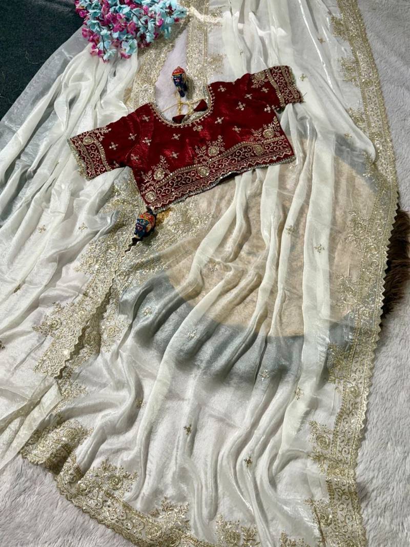 White Color embroidery work with  Sequence Butti Satin Saree