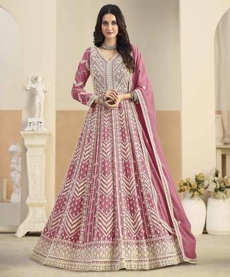 Pink faux georgette heavy thread embroidery with sequins work salwar kameez 1