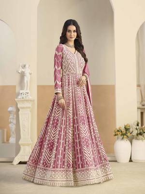 Pink faux georgette heavy thread embroidery with sequins work salwar kameez 2