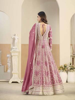 Pink faux georgette heavy thread embroidery with sequins work salwar kameez 3