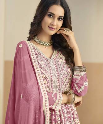 Pink faux georgette heavy thread embroidery with sequins work salwar kameez 4