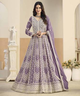 Purple faux georgette heavy thread embroidery with sequins work salwar kameez 1