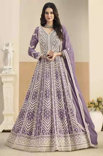 Purple faux georgette heavy thread embroidery with sequins work salwar kameez