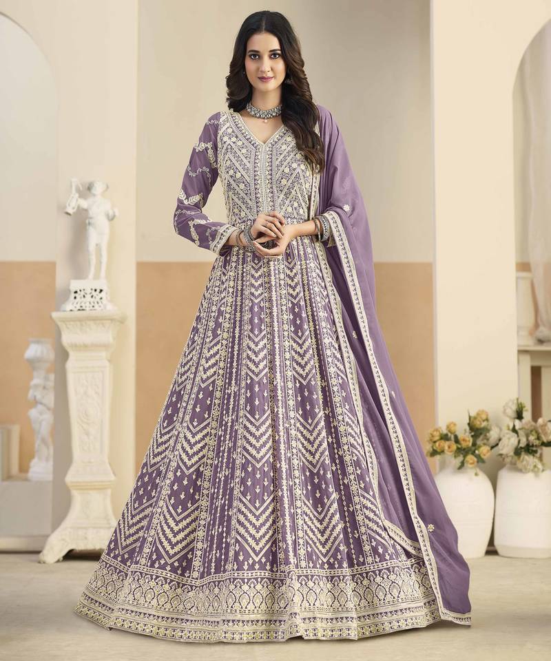 Purple faux georgette heavy thread embroidery with sequins work salwar kameez