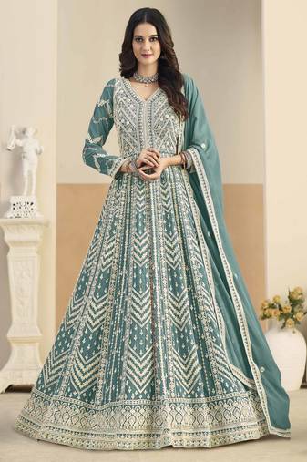 Teal faux georgette heavy thread embroidery with sequins work salwar kameez