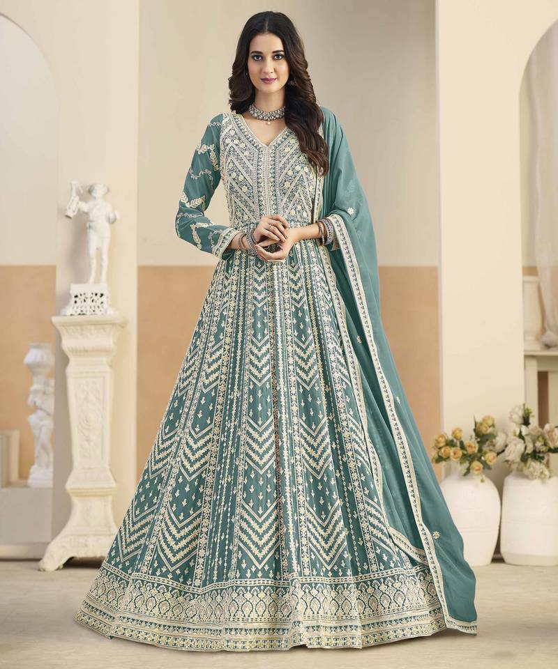 Teal faux georgette heavy thread embroidery with sequins work salwar kameez
