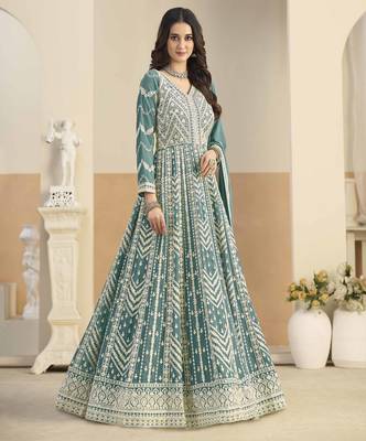 Teal faux georgette heavy thread embroidery with sequins work salwar kameez 2