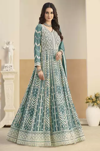 Teal faux georgette heavy thread embroidery with sequins work salwar kameez