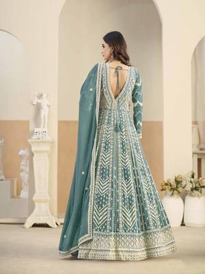Teal faux georgette heavy thread embroidery with sequins work salwar kameez 3