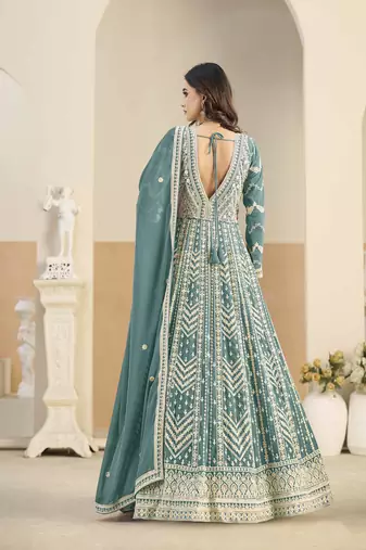Teal faux georgette heavy thread embroidery with sequins work salwar kameez