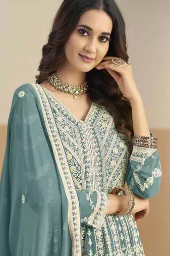 Teal faux georgette heavy thread embroidery with sequins work salwar kameez