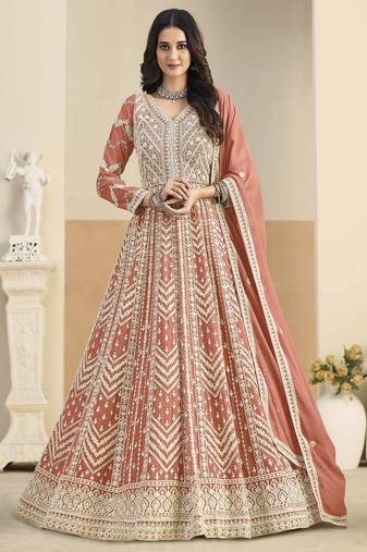 Rust faux georgette heavy thread embroidery with sequins work salwar kameez