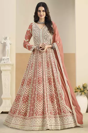 Rust faux georgette heavy thread embroidery with sequins work salwar kameez