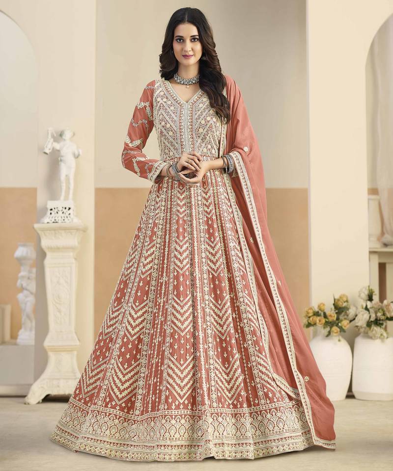 Rust faux georgette heavy thread embroidery with sequins work salwar kameez