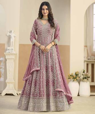 Pink faux georgette heavy thread embroidery with sequins work salwar kameez 1