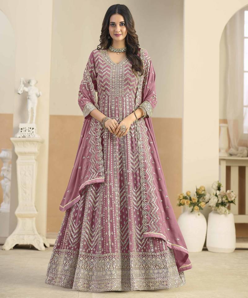 Pink faux georgette heavy thread embroidery with sequins work salwar kameez