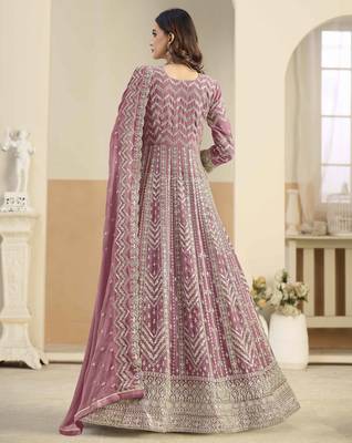 Pink faux georgette heavy thread embroidery with sequins work salwar kameez 3