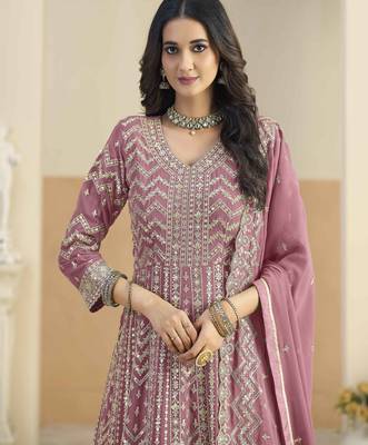 Pink faux georgette heavy thread embroidery with sequins work salwar kameez 4