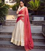 Cream Zari Woven Jacquard Chex Lehenga Choli with Dupatta