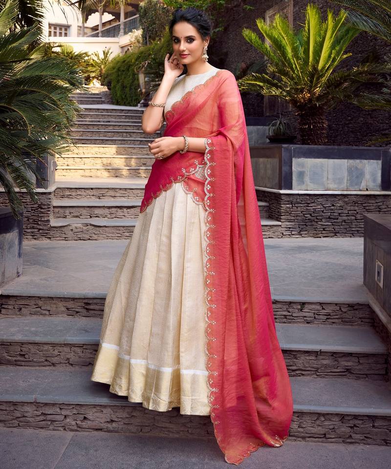 Cream Zari Woven Jacquard Chex Lehenga Choli with Dupatta