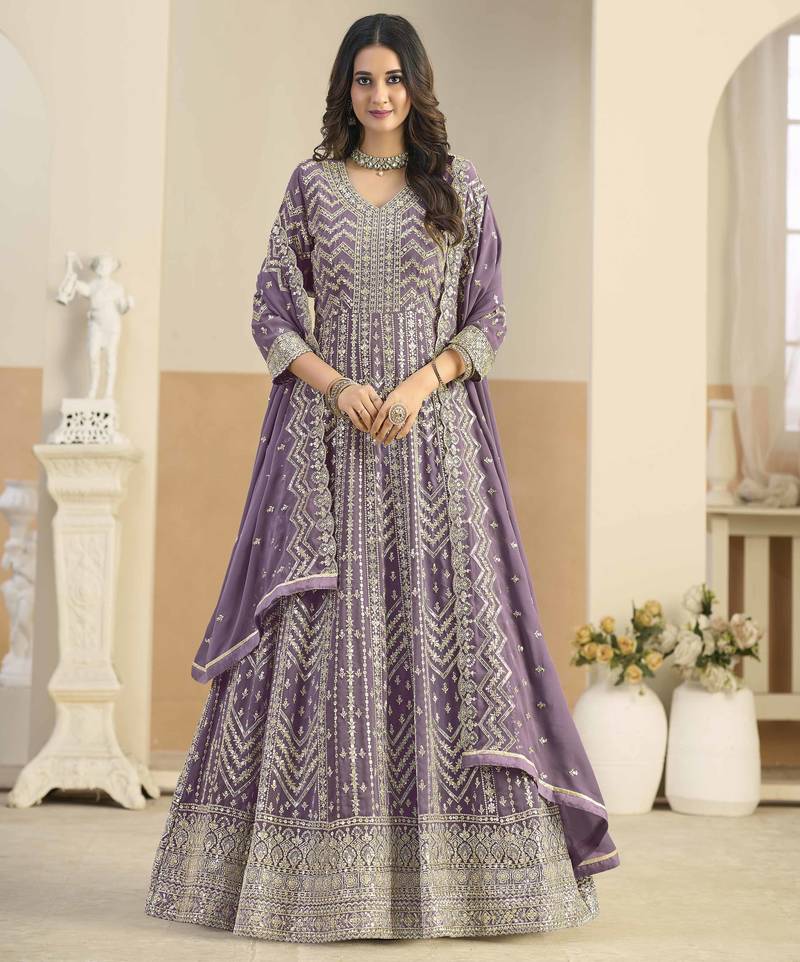 Purple faux georgette heavy thread embroidery with sequins work salwar kameez
