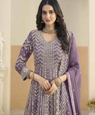 Purple faux georgette heavy thread embroidery with sequins work salwar kameez 4