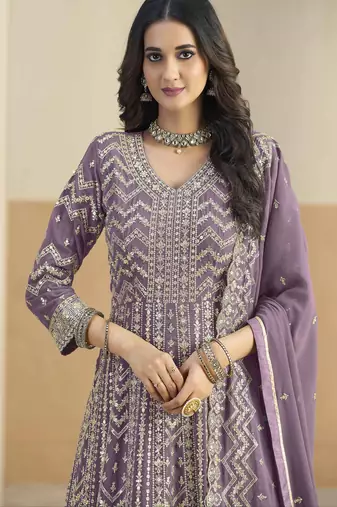 Purple faux georgette heavy thread embroidery with sequins work salwar kameez