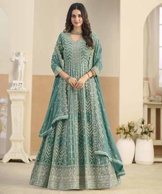 Teal faux georgette heavy thread embroidery with sequins work salwar kameez 1