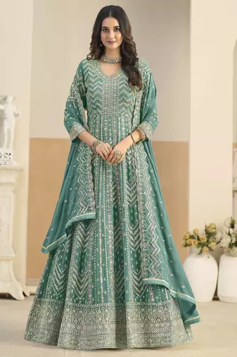 Teal faux georgette heavy thread embroidery with sequins work salwar kameez