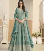 Teal faux georgette heavy thread embroidery with sequins work salwar kameez