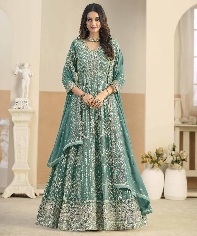 Teal faux georgette heavy thread embroidery with sequins work salwar kameez