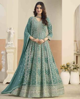 Teal faux georgette heavy thread embroidery with sequins work salwar kameez 2