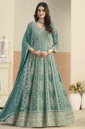 Teal faux georgette heavy thread embroidery with sequins work salwar kameez