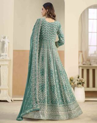 Teal faux georgette heavy thread embroidery with sequins work salwar kameez 3