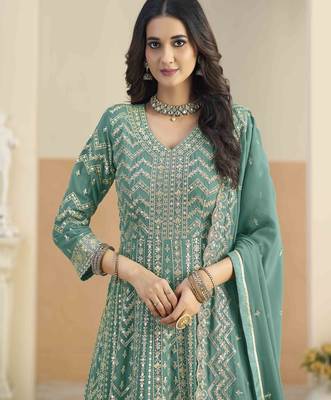 Teal faux georgette heavy thread embroidery with sequins work salwar kameez 4