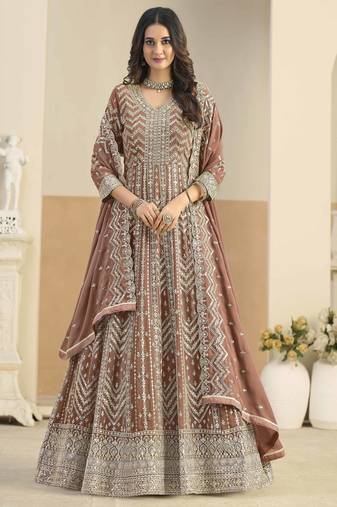 Rust brown faux georgette heavy thread embroidery with sequins work salwar kameez