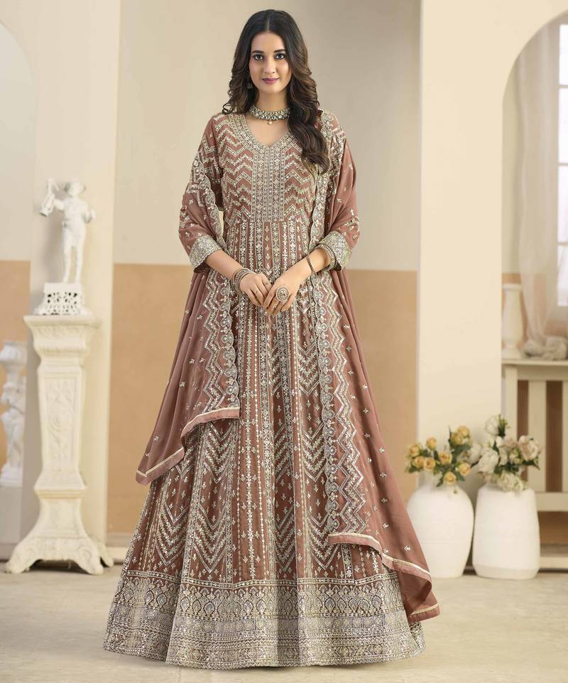 Rust brown faux georgette heavy thread embroidery with sequins work salwar kameez