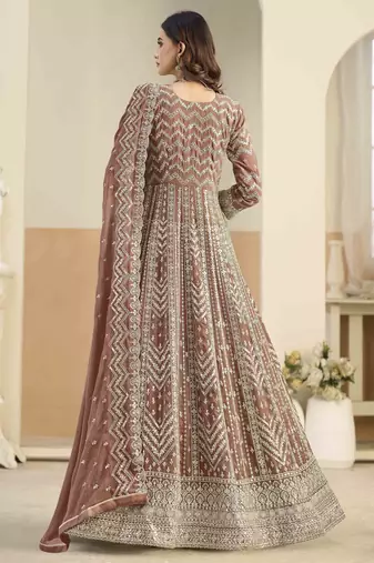 Rust brown faux georgette heavy thread embroidery with sequins work salwar kameez