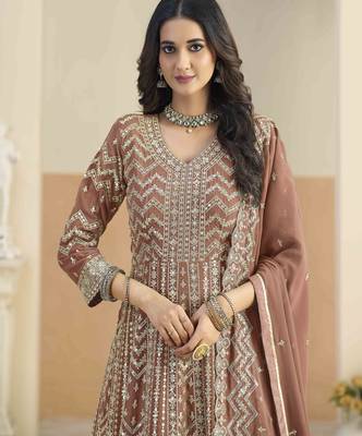 Rust brown faux georgette heavy thread embroidery with sequins work salwar kameez 4